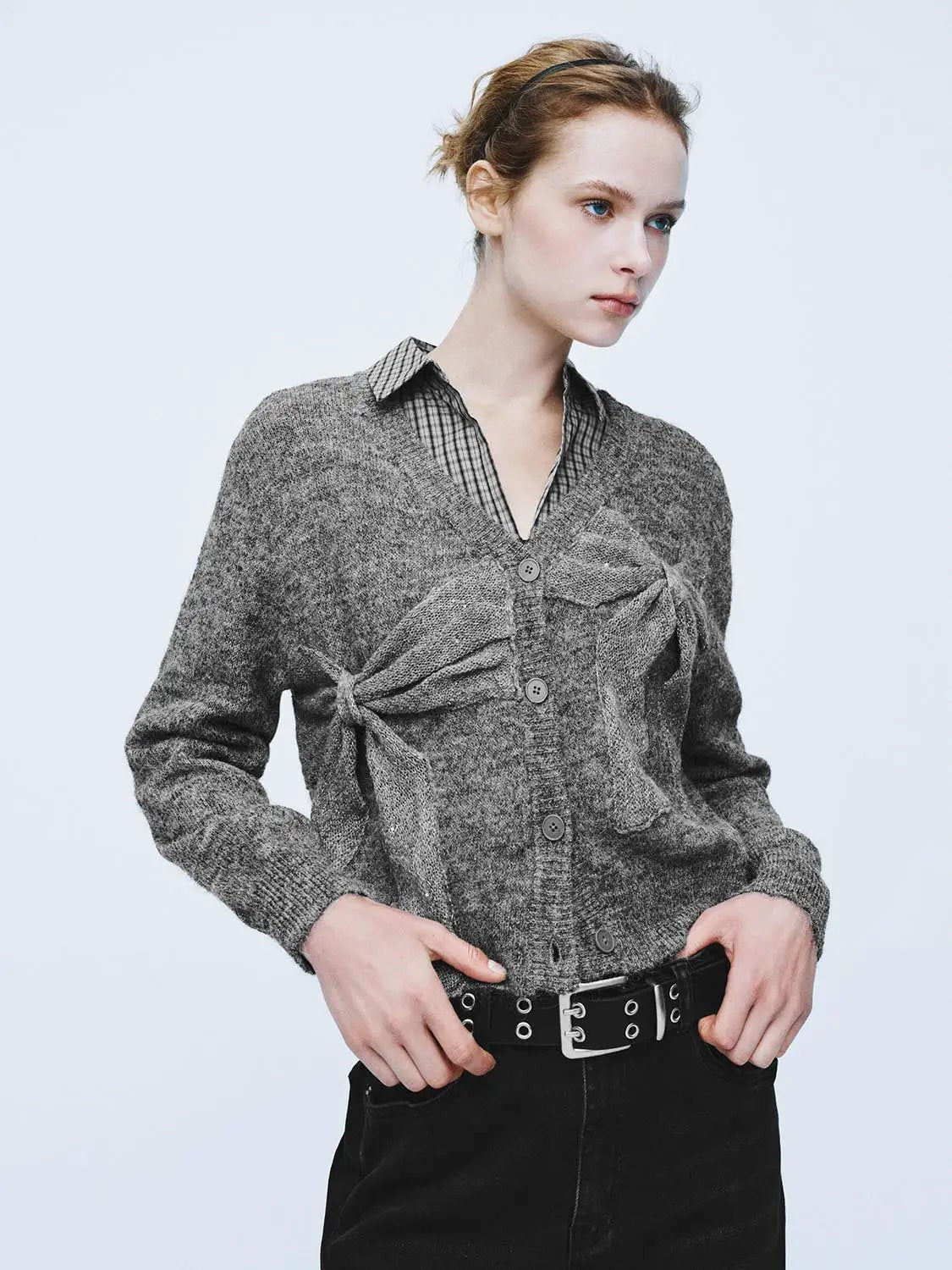 Bow Detail V-neck Long Sleeve Knit Cardigan