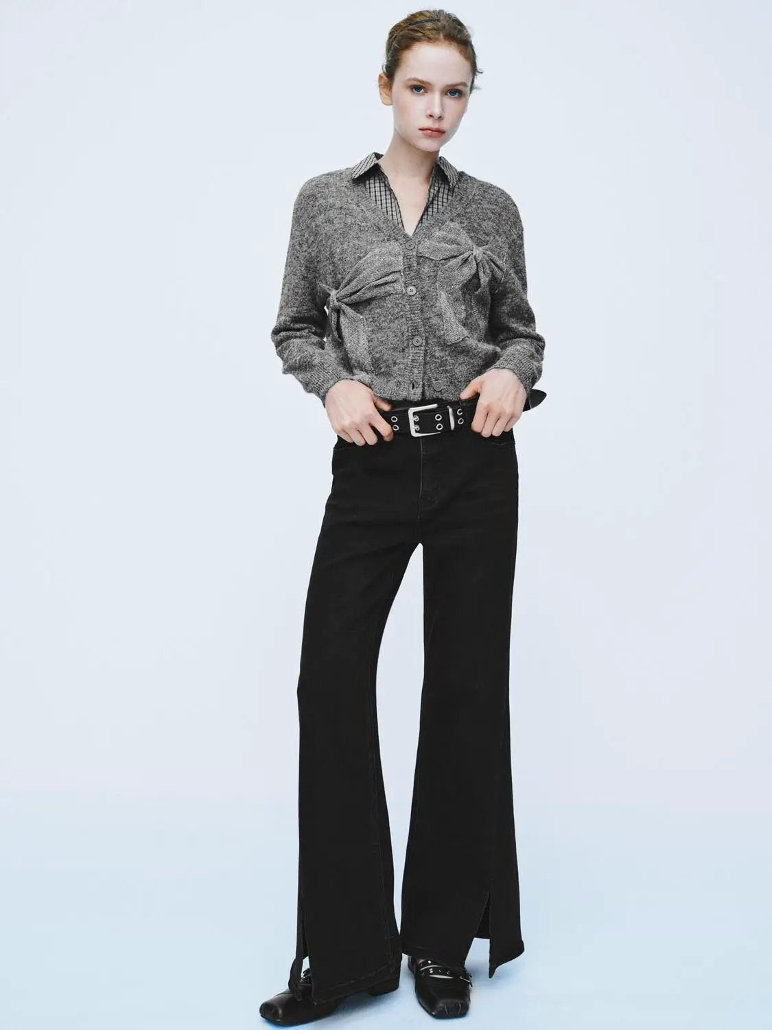 Bow Detail V-neck Long Sleeve Knit Cardigan