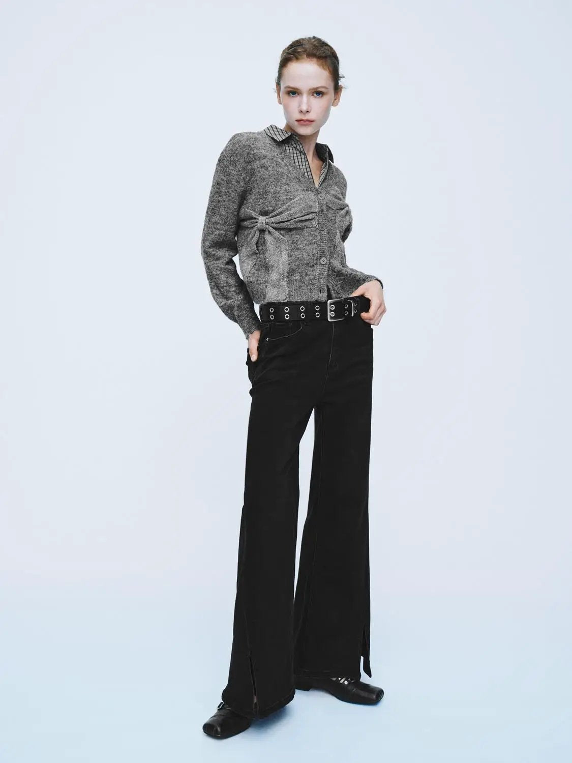 Bow Detail V-neck Long Sleeve Knit Cardigan