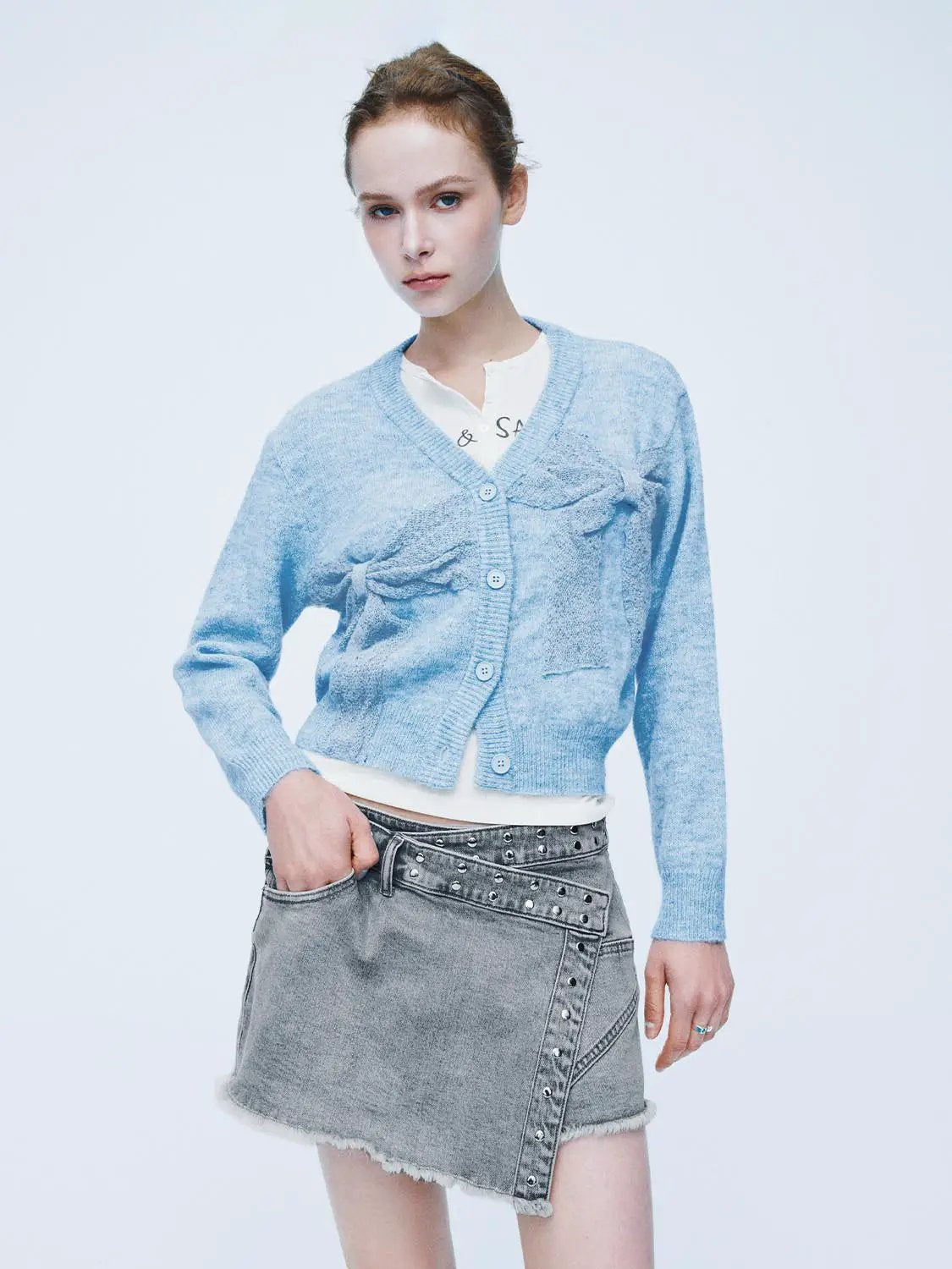 Bow Detail V-neck Long Sleeve Knit Cardigan