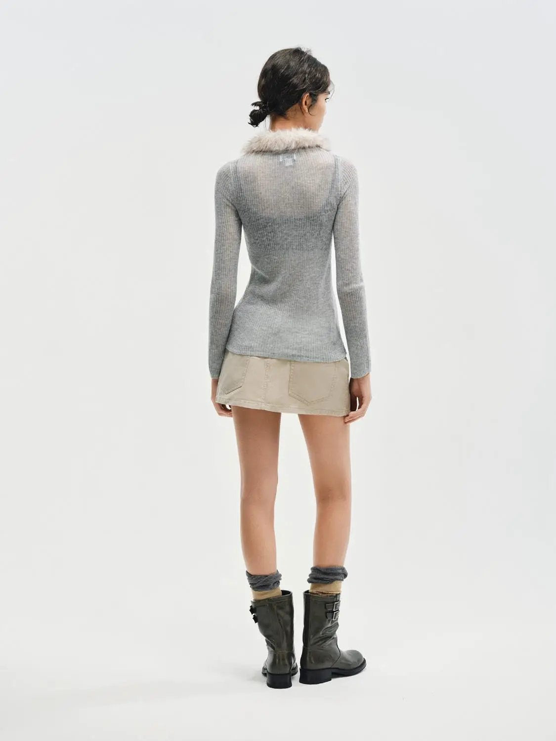 Fitted Ribbed Long Sleeve Fake Fur Collar Tie Front Cardigan