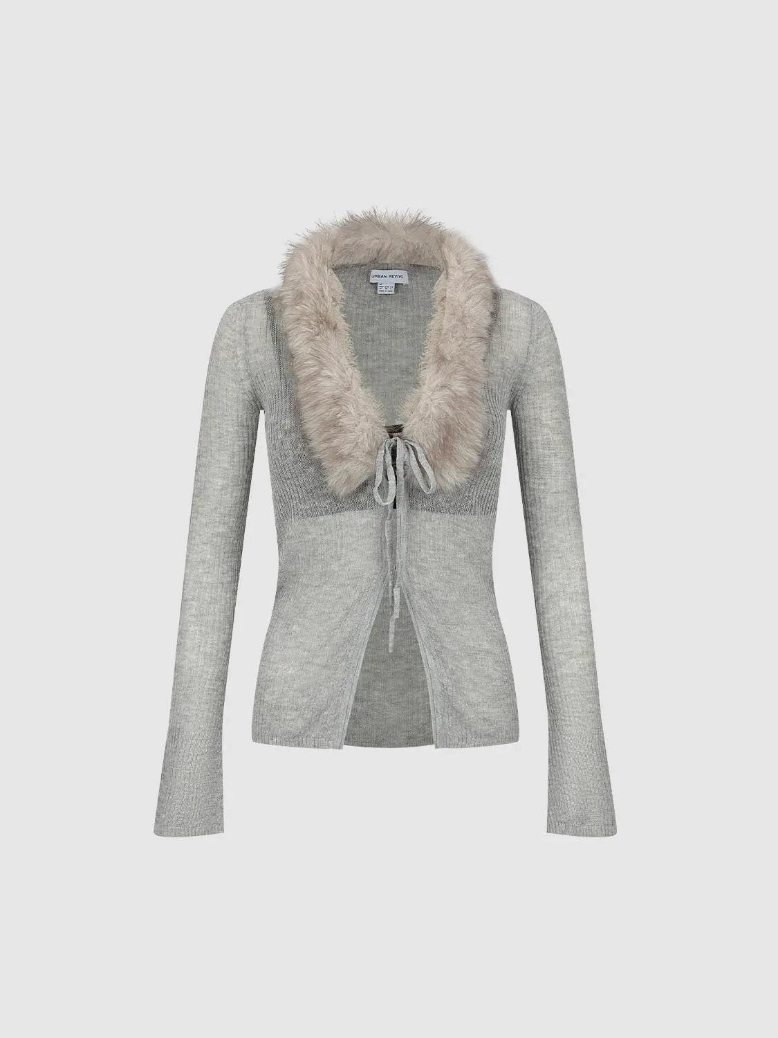 Fitted Ribbed Long Sleeve Fake Fur Collar Tie Front Cardigan