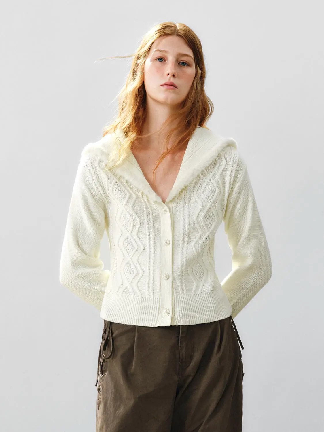 Cable Knit Hooded Long Sleeve Cotton Blend Cardigan