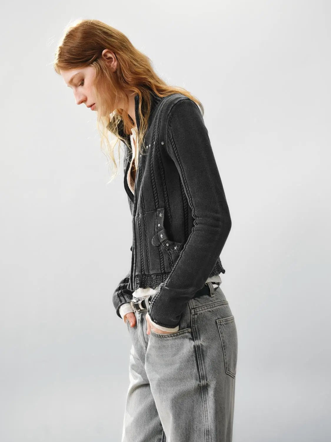 Raw Hem Studded Cable Knit Long Sleeve Cotton Jacket