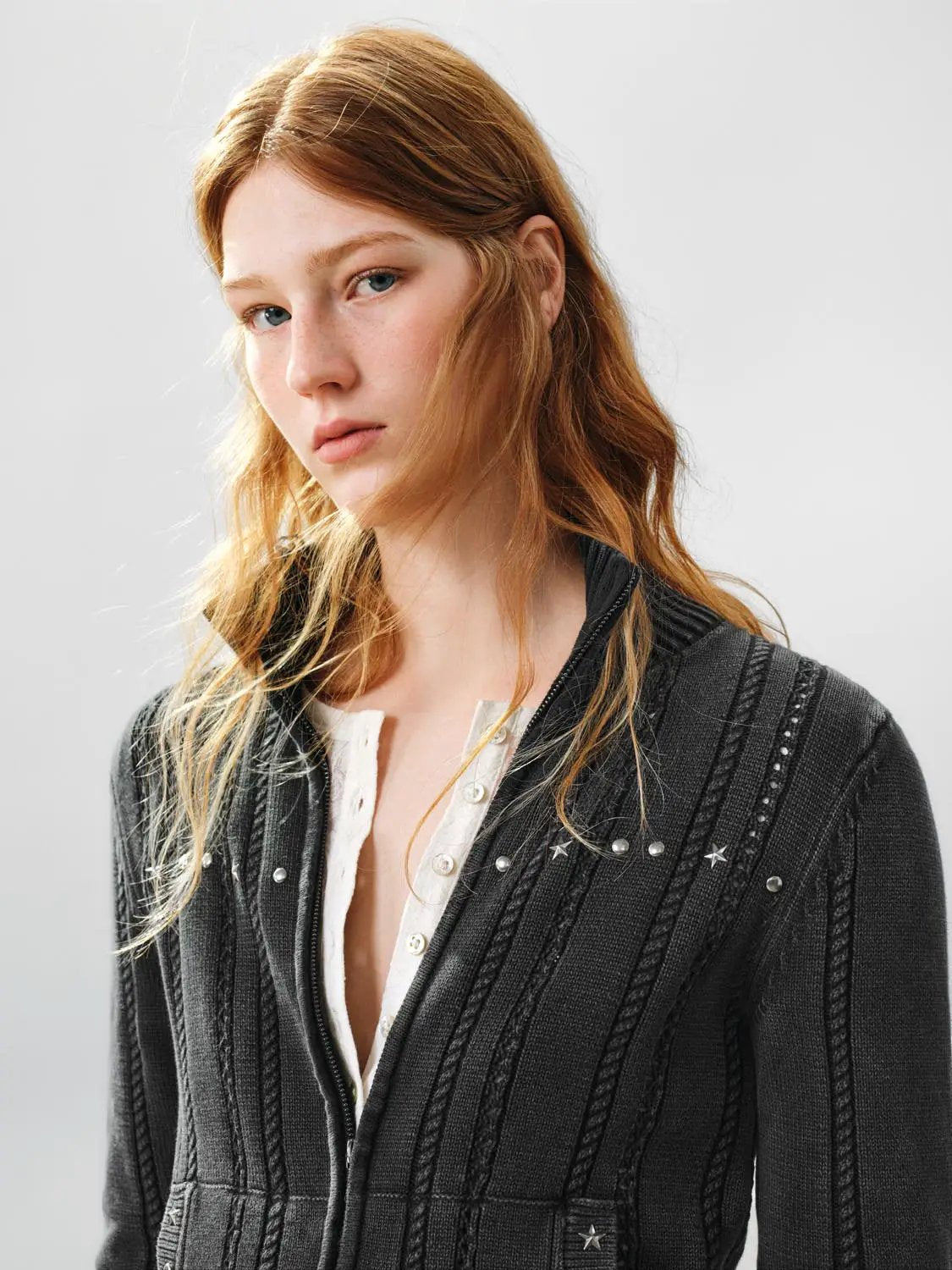 Raw Hem Studded Cable Knit Long Sleeve Cotton Jacket