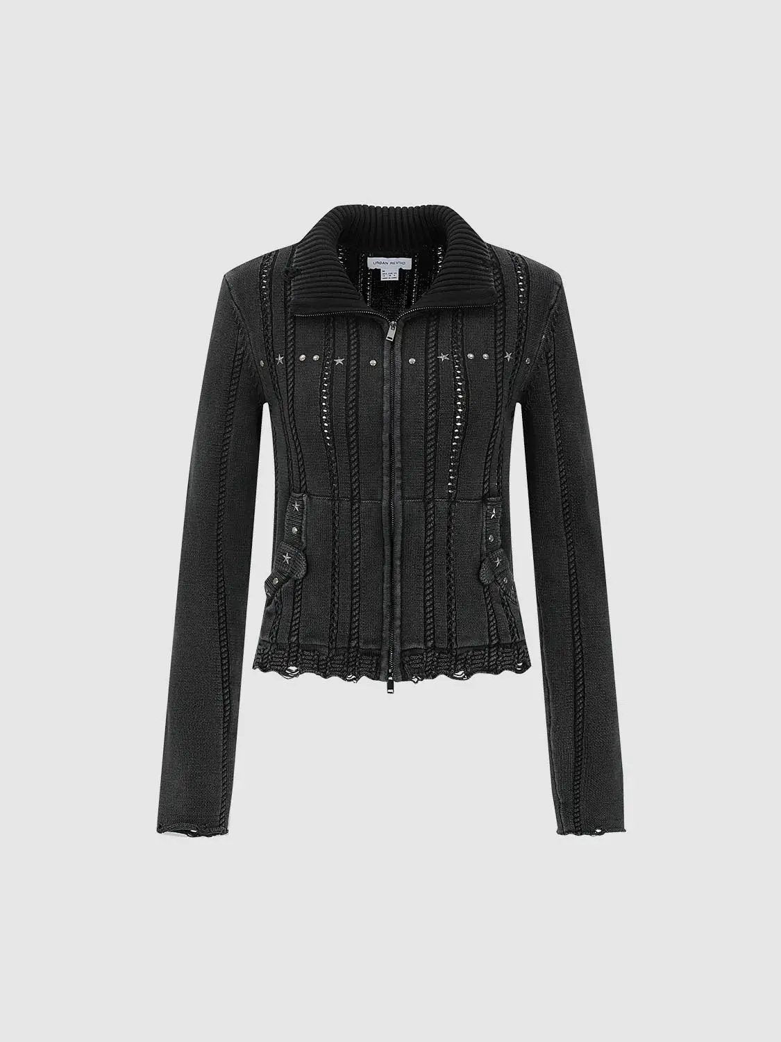 Raw Hem Studded Cable Knit Long Sleeve Cotton Jacket
