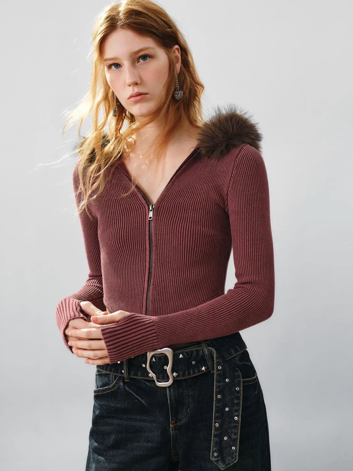 Ribbed Cotton Long Sleeve Fur Collar Zip Hooded Jacket