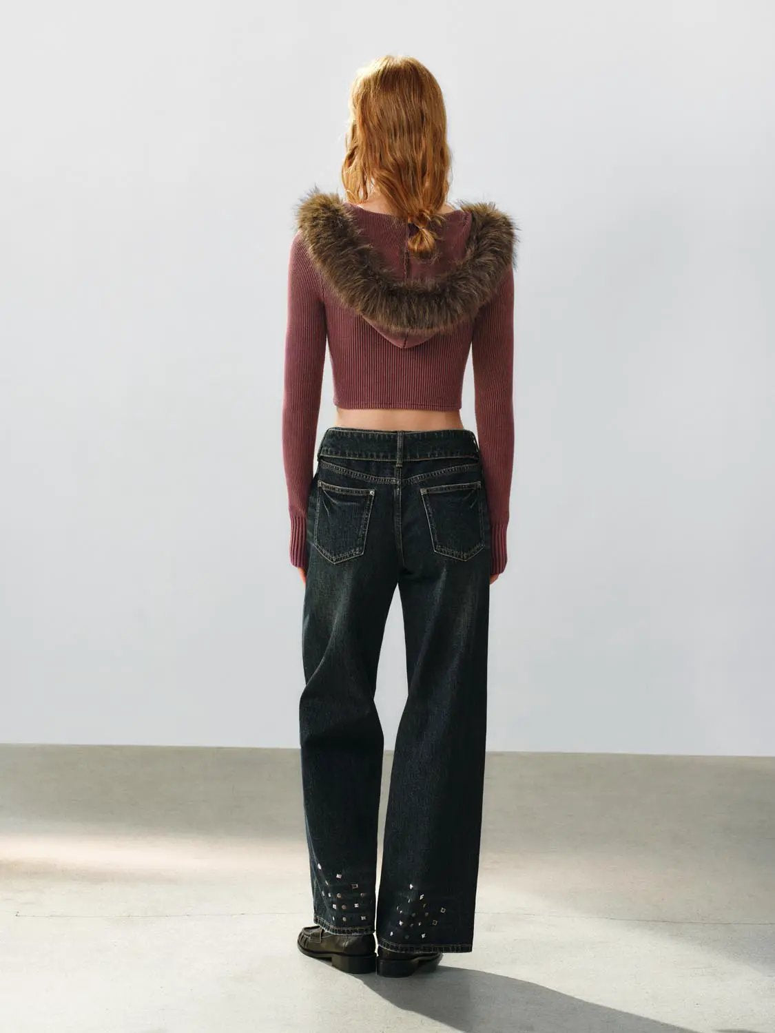 Ribbed Cotton Long Sleeve Fur Collar Zip Hooded Jacket