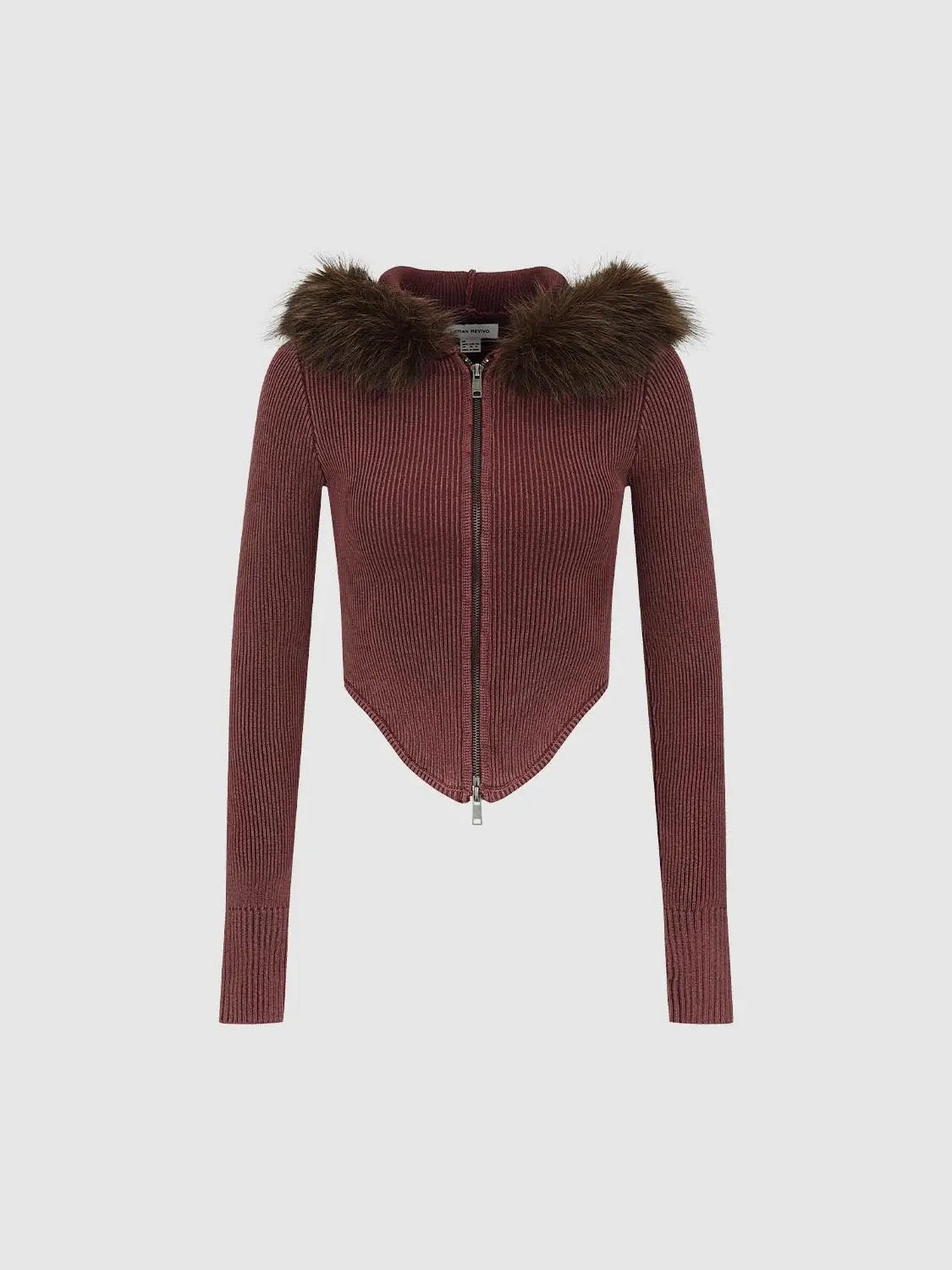 Ribbed Cotton Long Sleeve Fur Collar Zip Hooded Jacket