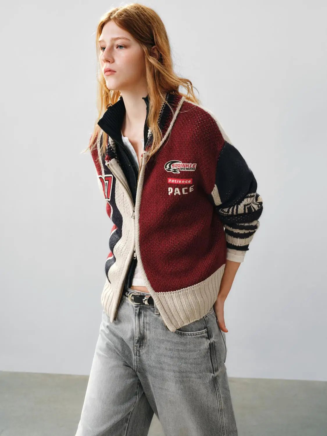 Zip Front Striped Oversized Long Sleeve Knit Jacket