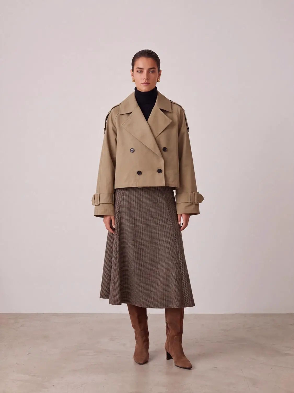 Lapel Double Breasted Cropped Cotton Trench Jacket