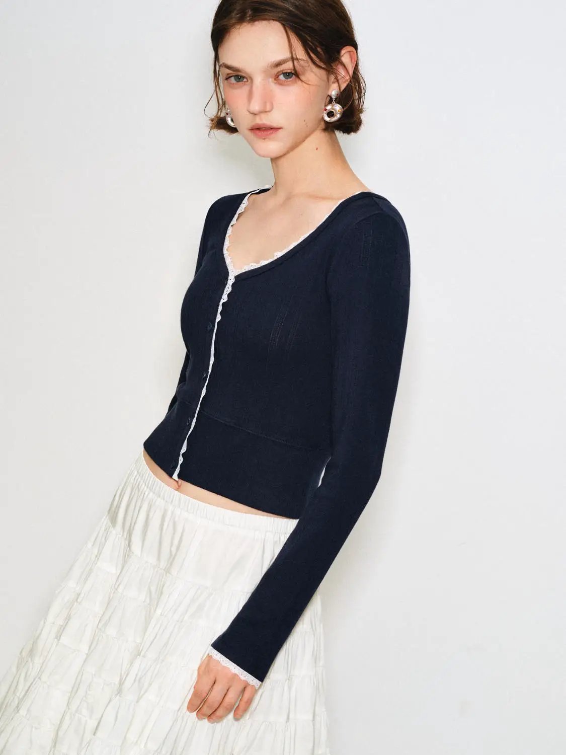 Lace Trim Button Front Cotton Long Sleeve Cardigan