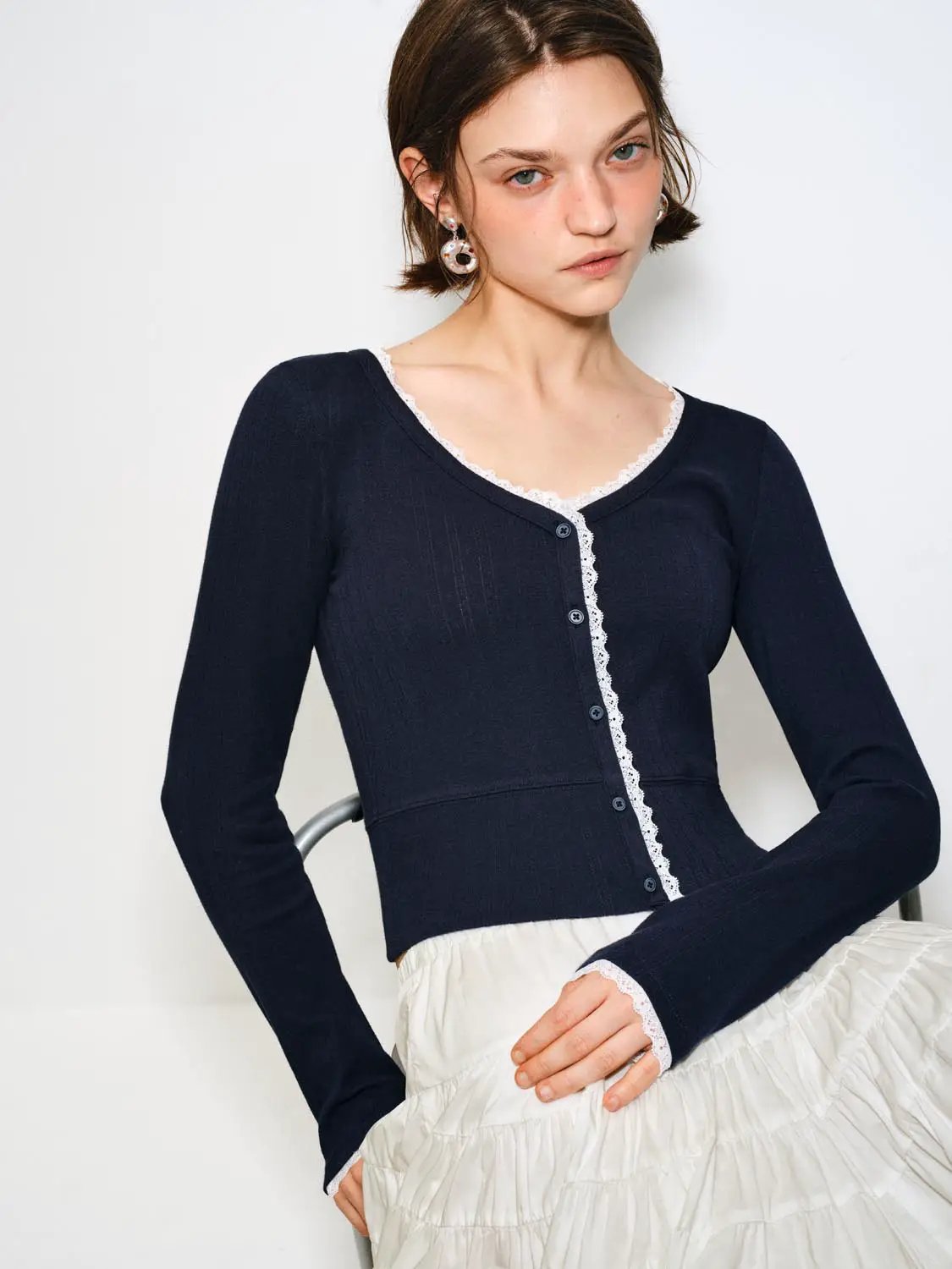 Lace Trim Button Front Cotton Long Sleeve Cardigan