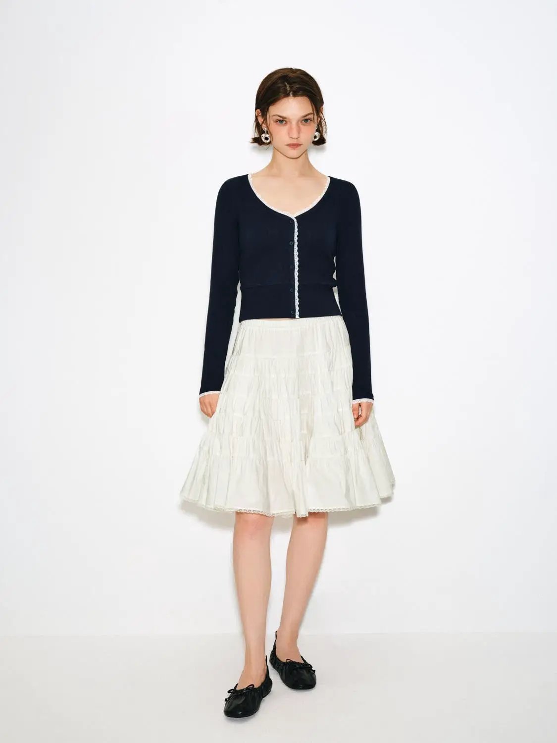 Lace Trim Button Front Cotton Long Sleeve Cardigan