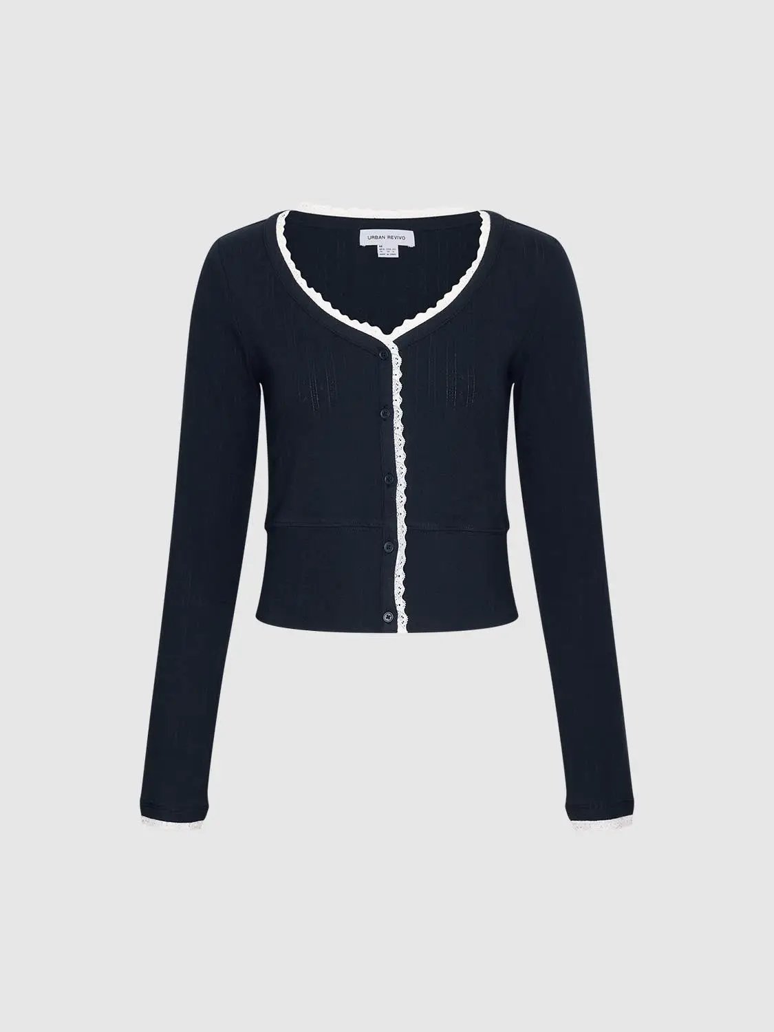 Lace Trim Button Front Cotton Long Sleeve Cardigan