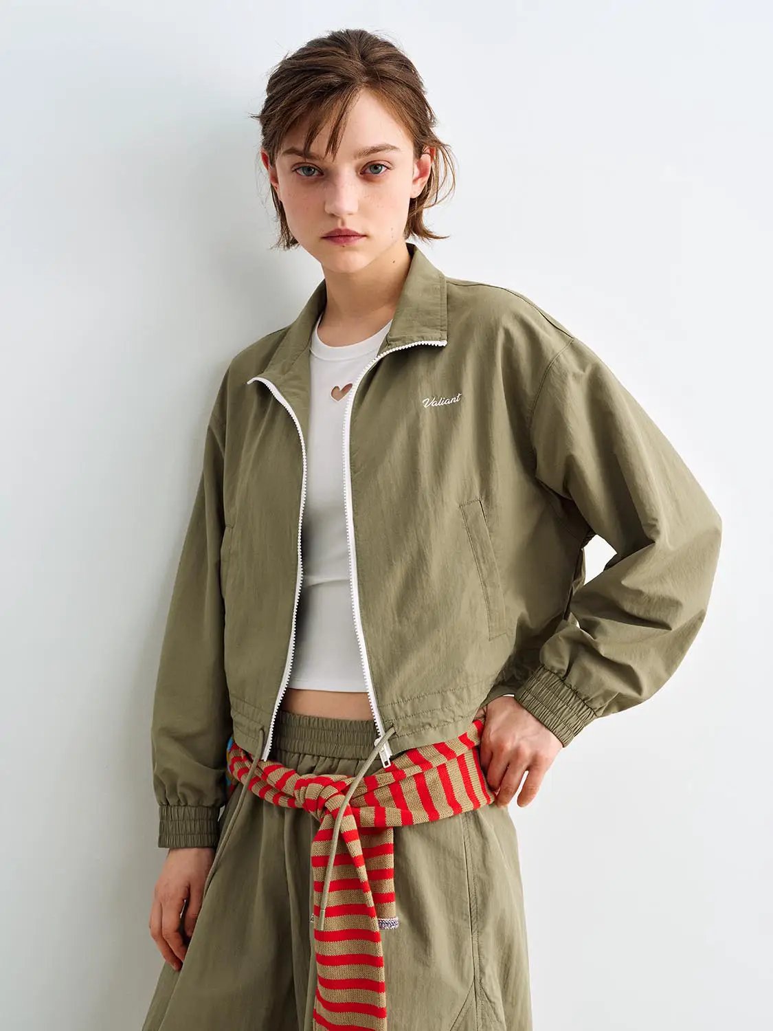 Zip Front Drawstring Hem Elastic Long Sleeve Jacket