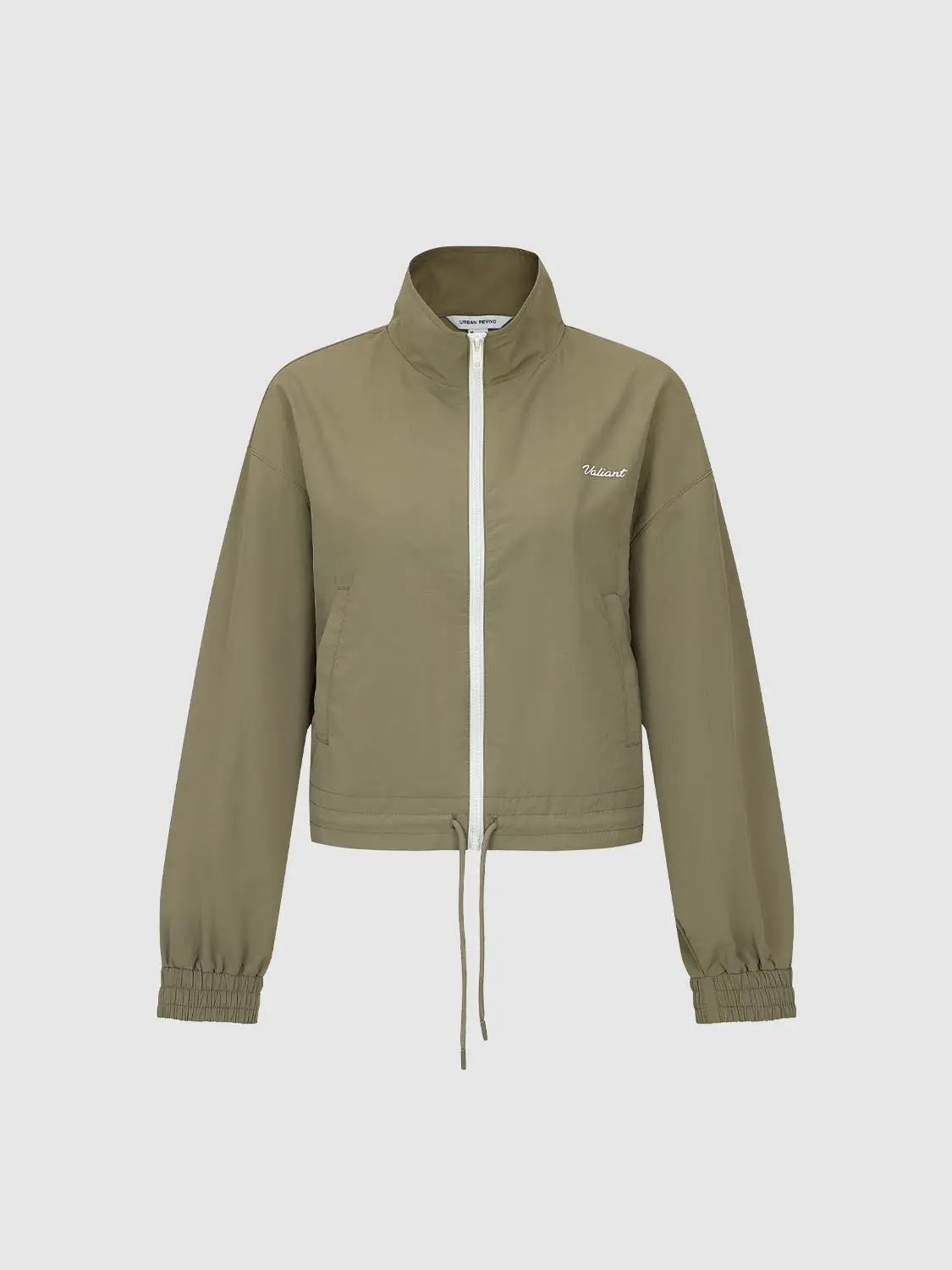Zip Front Drawstring Hem Elastic Long Sleeve Jacket