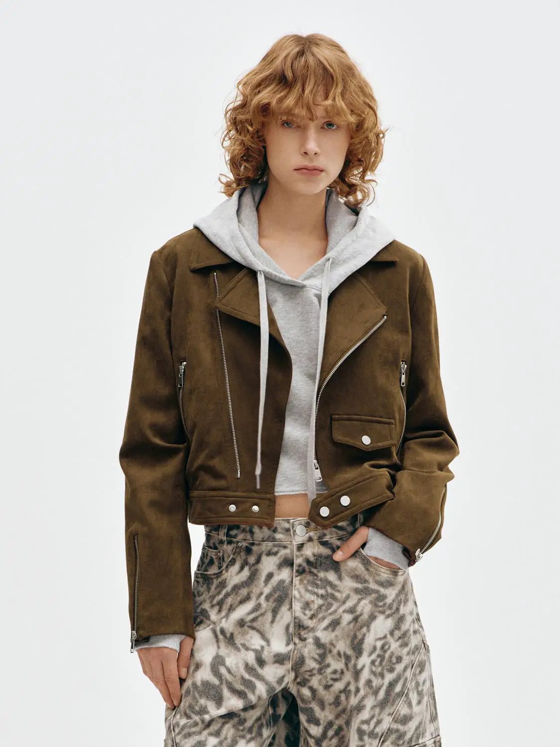 Long Sleeve Cropped Asymmetric Zippered Biker Jacket