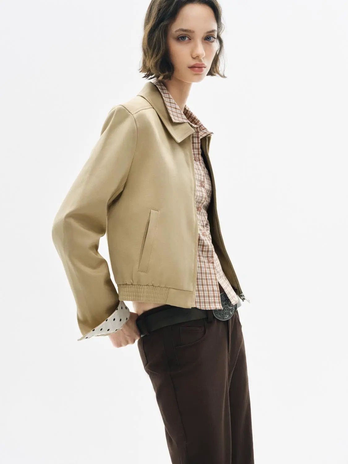 Zip Front Elasticated Hem Shirt Collar Long Sleeve Jacket