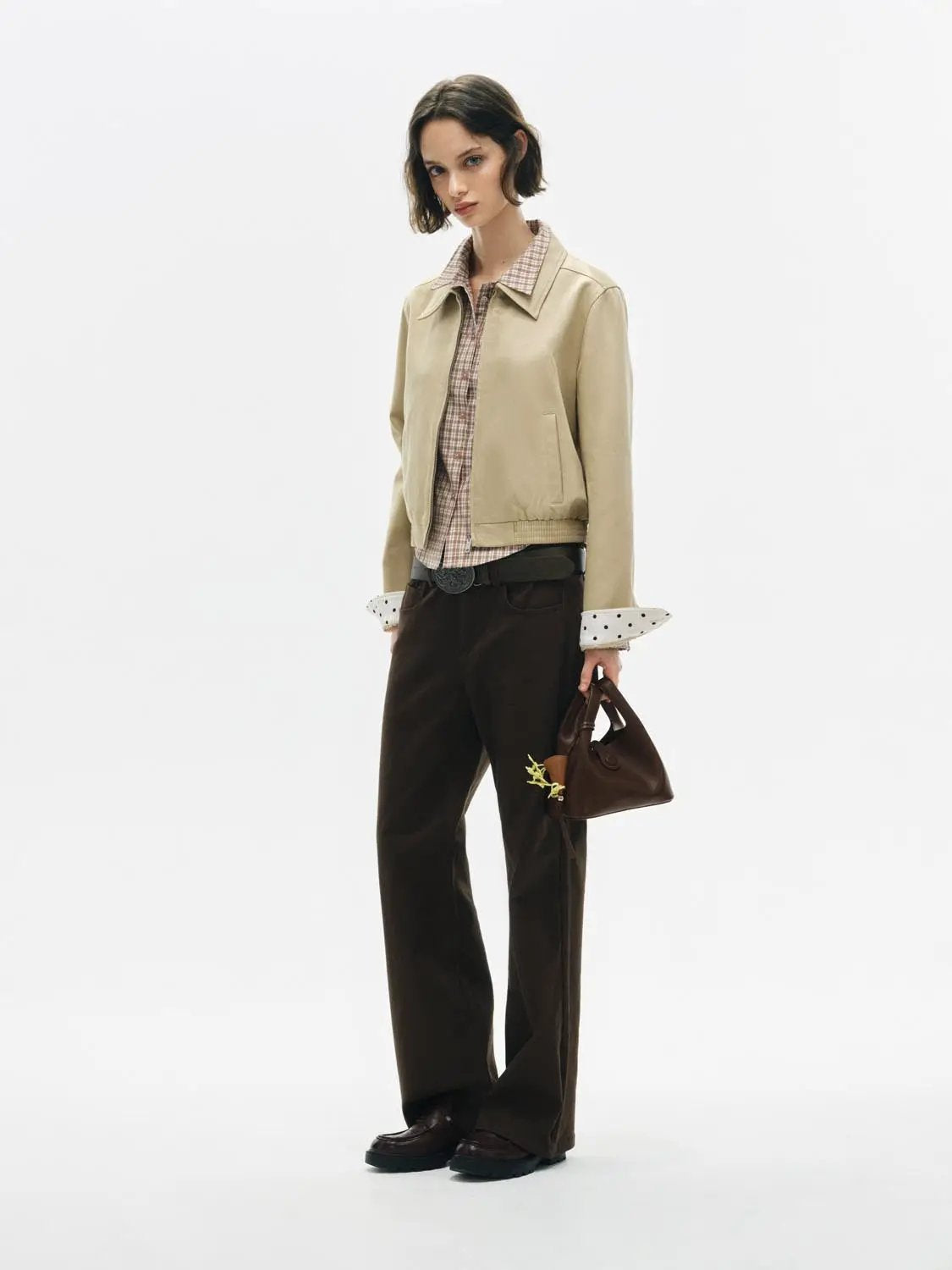 Zip Front Elasticated Hem Shirt Collar Long Sleeve Jacket