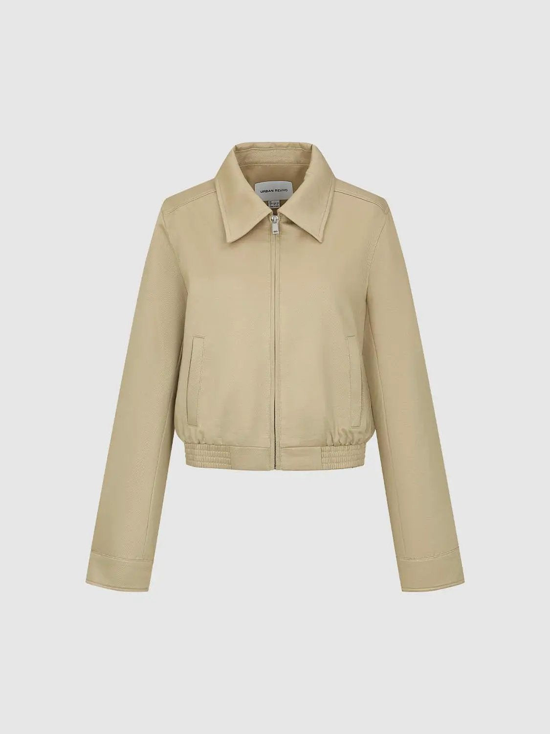 Zip Front Elasticated Hem Shirt Collar Long Sleeve Jacket
