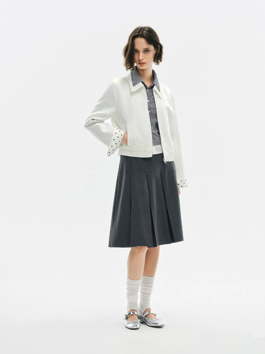 Zip Front Elasticated Hem Shirt Collar Long Sleeve Jacket