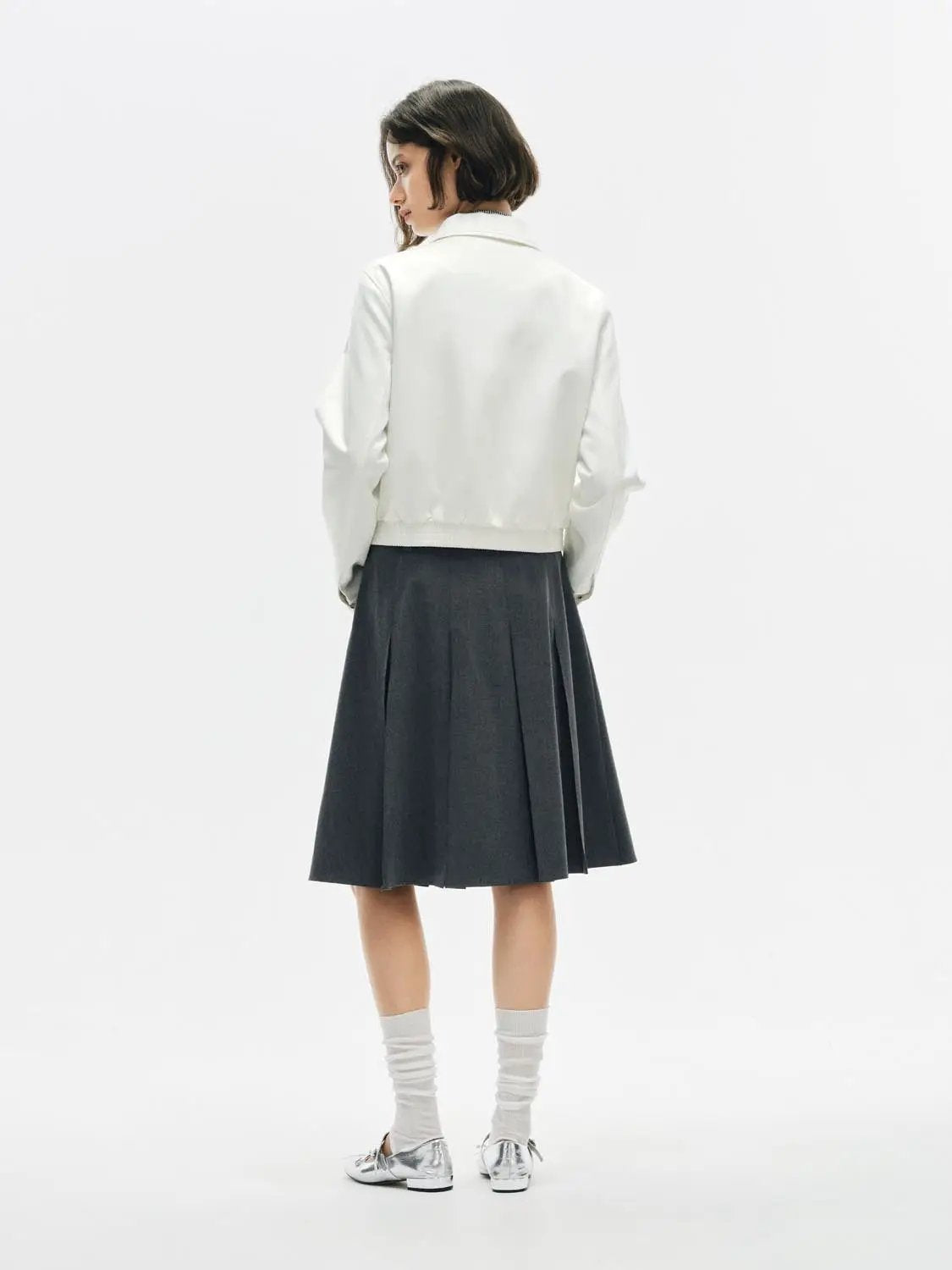 Zip Front Elasticated Hem Shirt Collar Long Sleeve Jacket