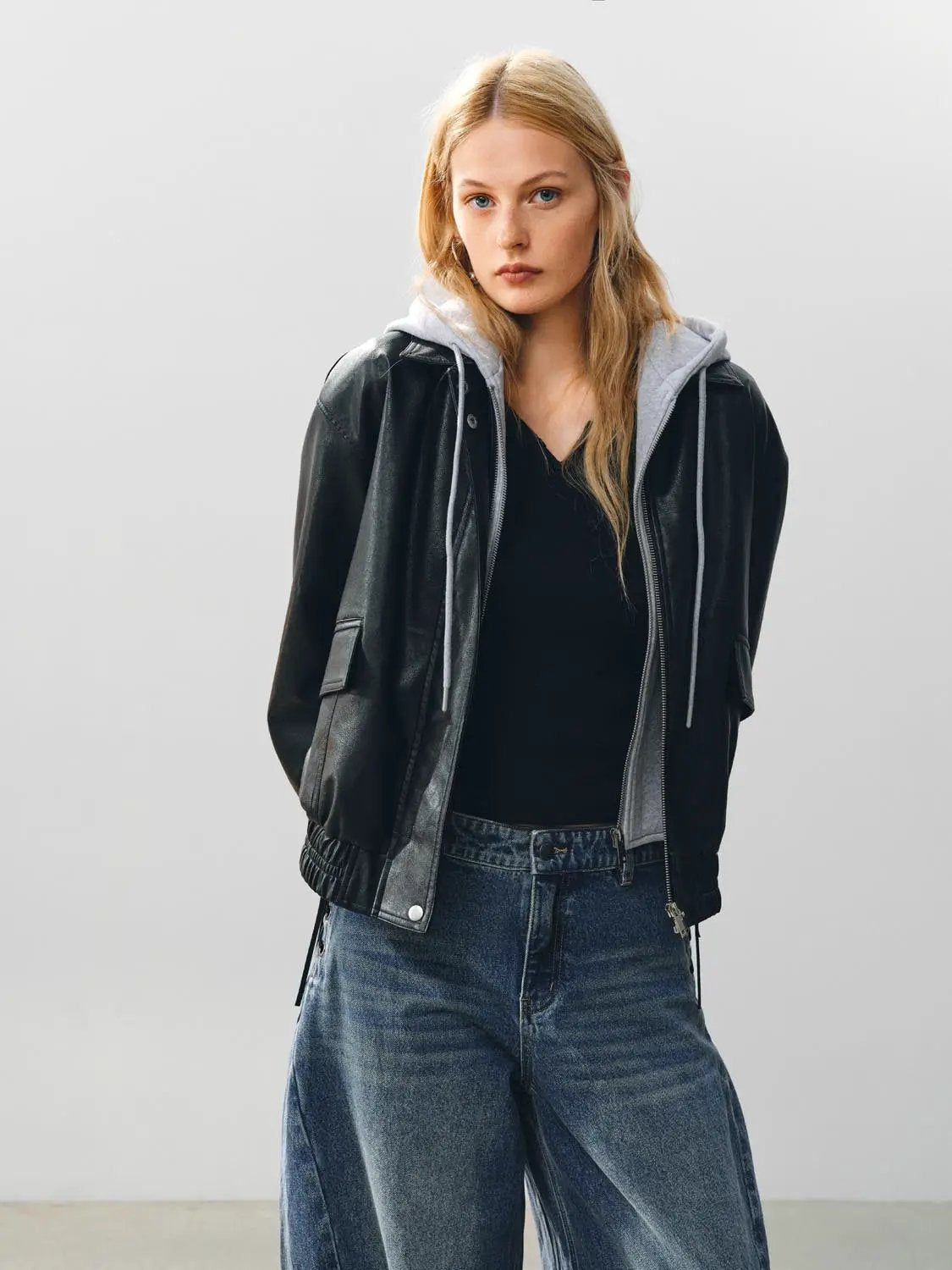 Zip Front Ribbed Hem Long Sleeve Jacket