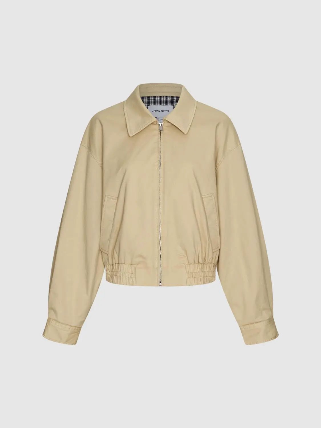 Collared Cropped Cotton Long Sleeve Checked Cuff Jacket