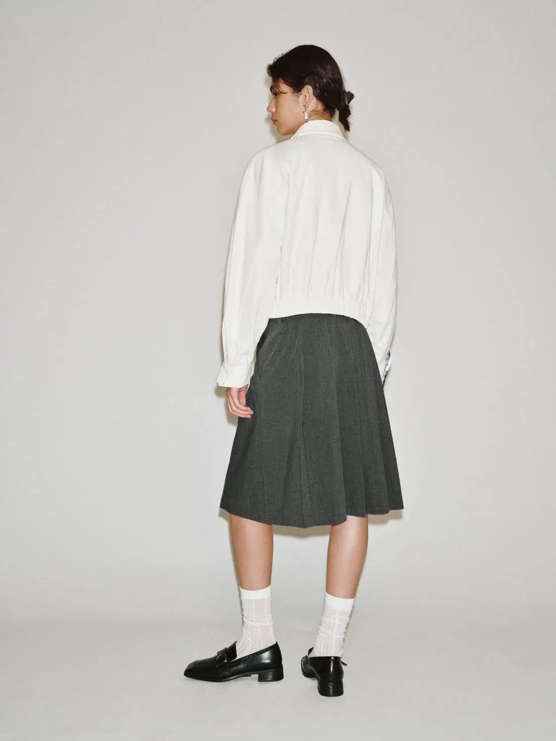 Collared Cropped Cotton Long Sleeve Checked Cuff Jacket