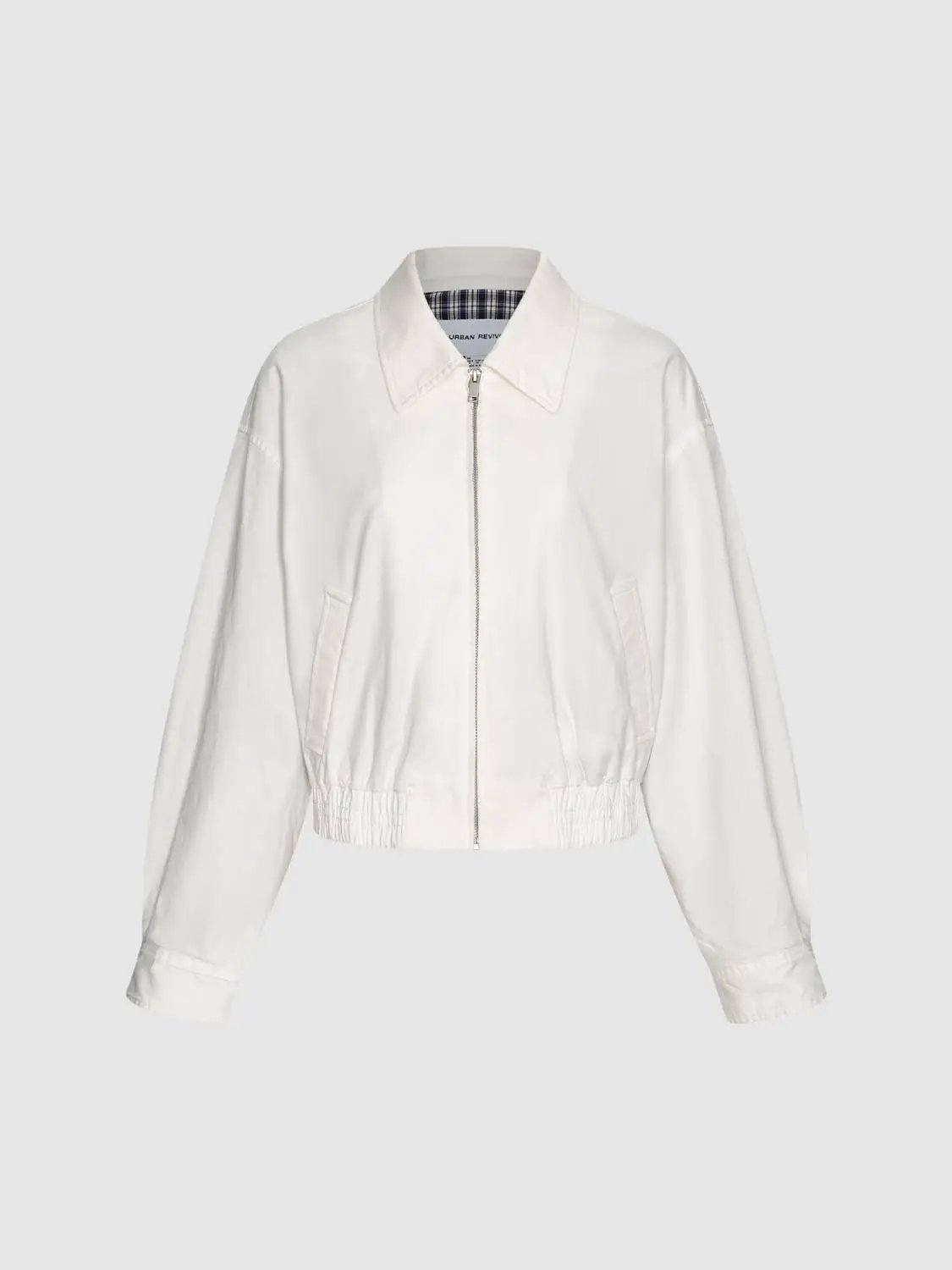 Collared Cropped Cotton Long Sleeve Checked Cuff Jacket