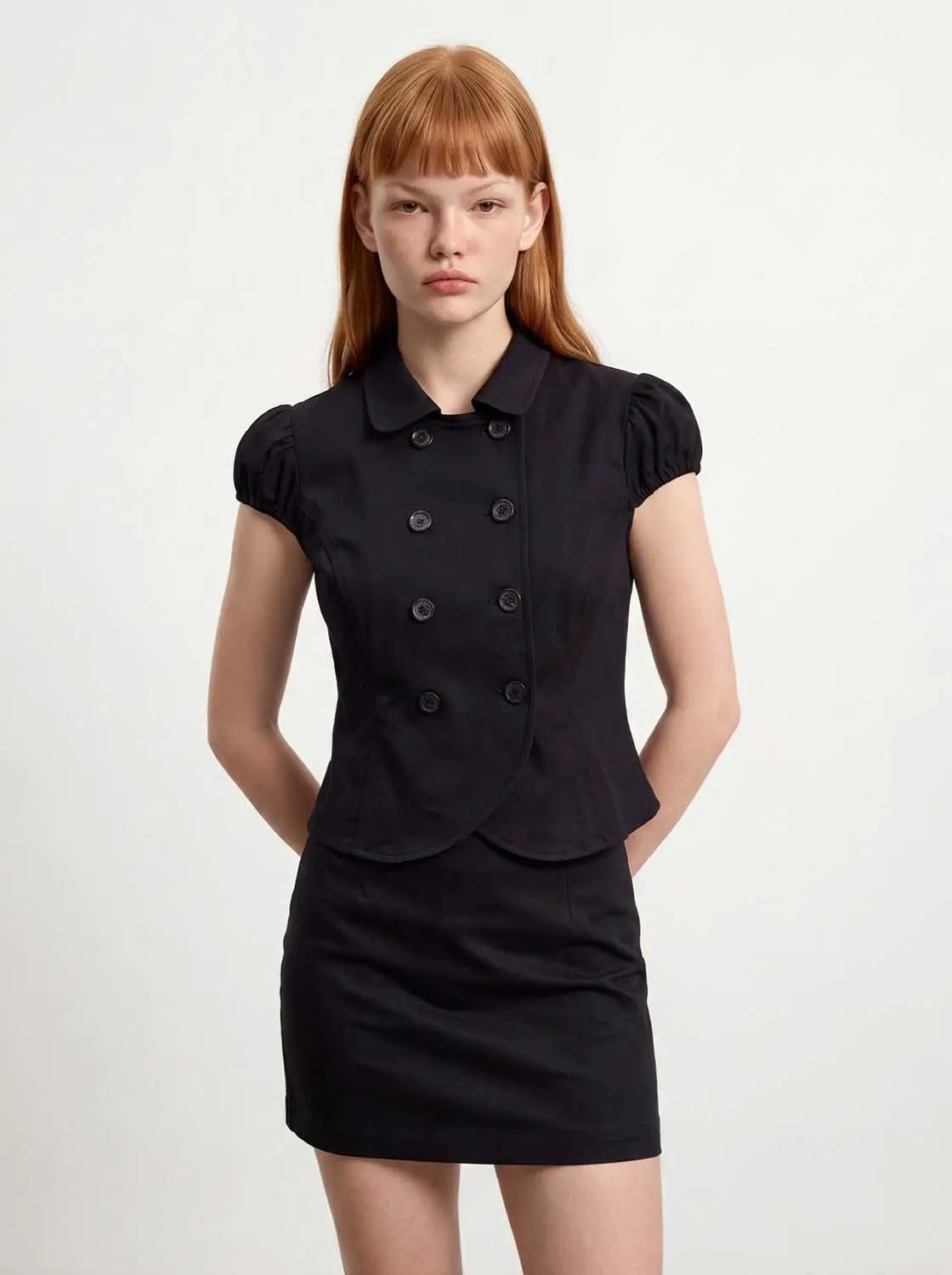 Cropped Double-breasted Short Sleeve Cotton Blend Jacket