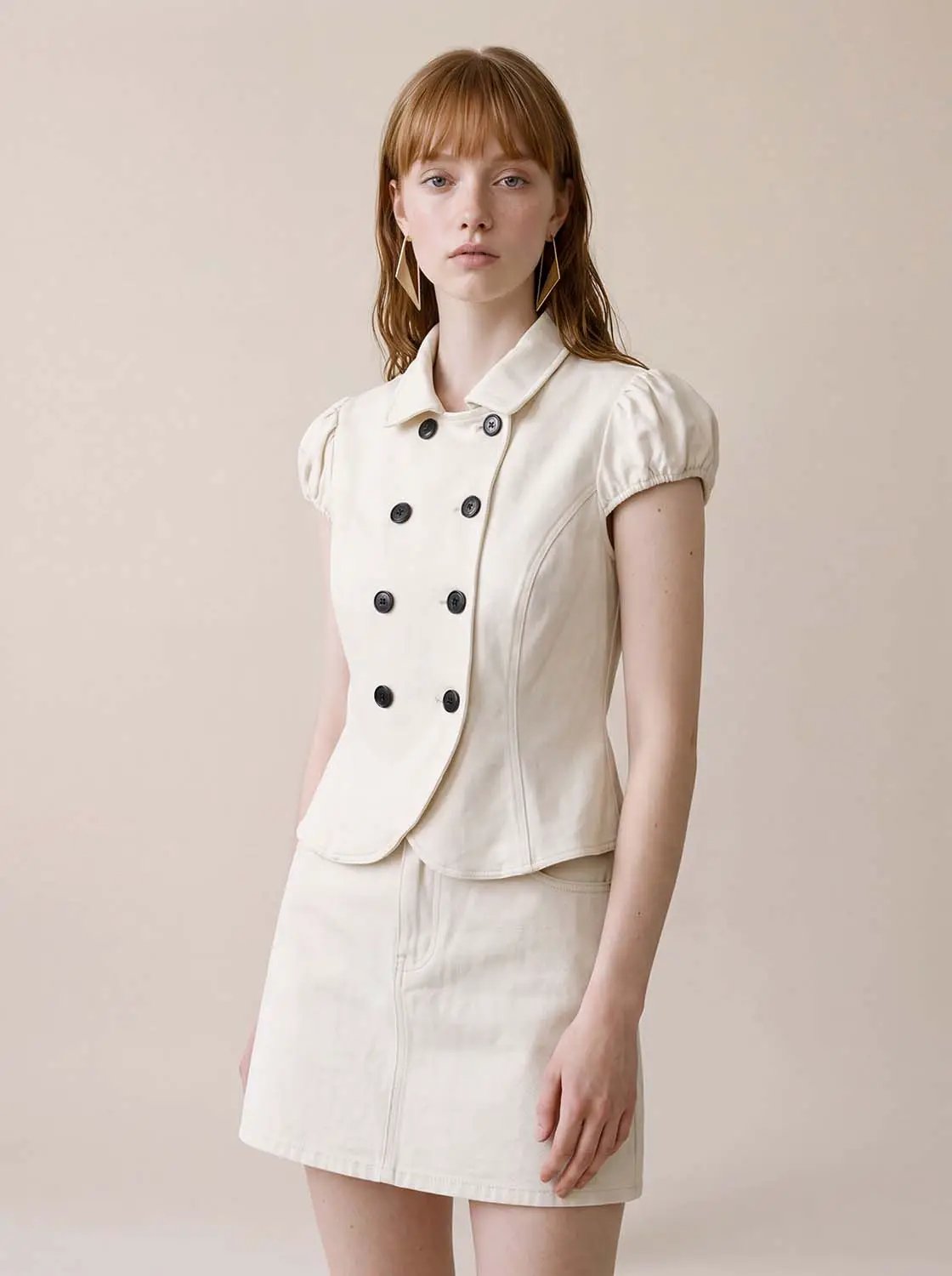 Cropped Double-breasted Short Sleeve Cotton Blend Jacket