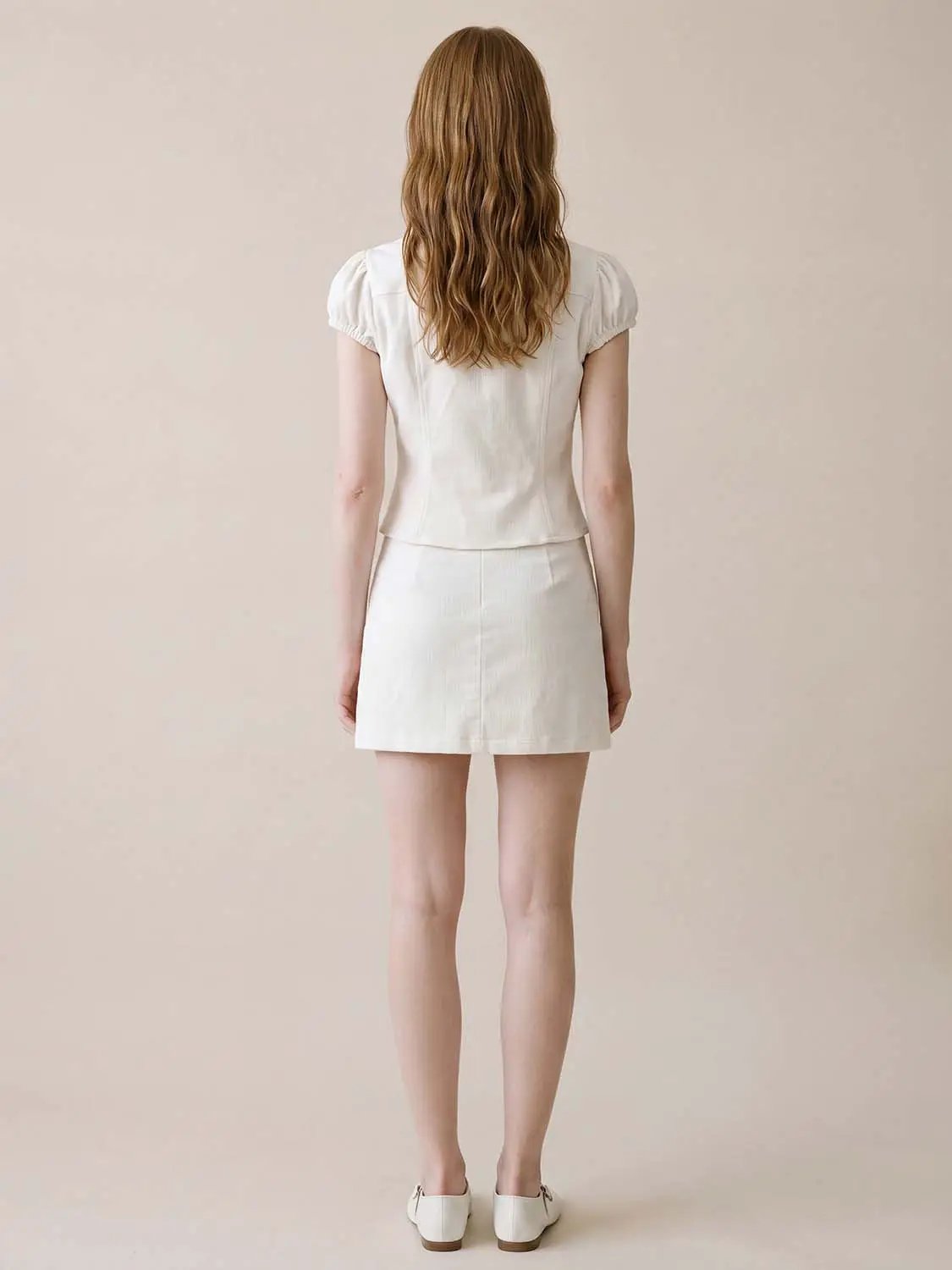 Cropped Double-breasted Short Sleeve Cotton Blend Jacket
