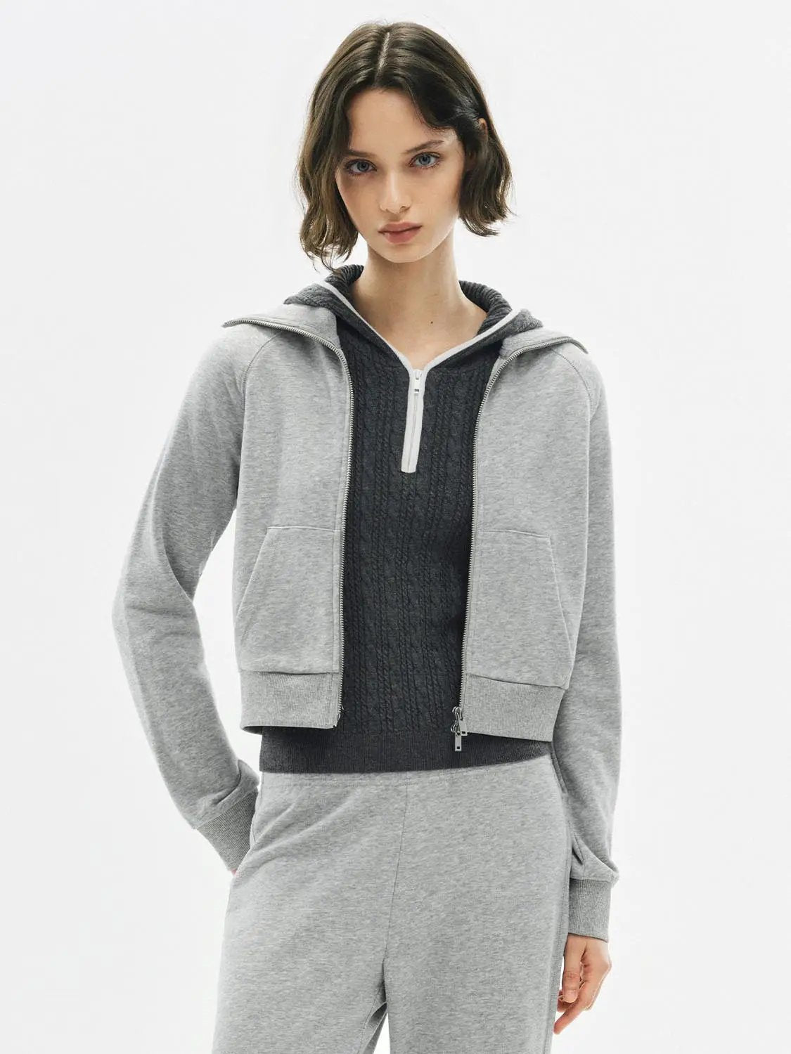 Zip Front Long Sleeve Cotton Blend Sweatshirt Jacket