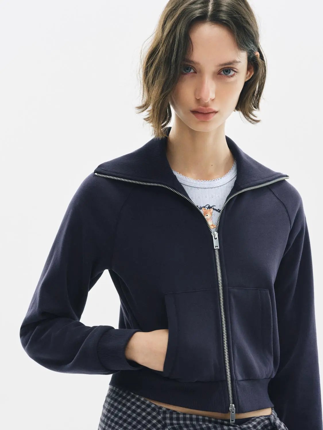Zip Front Long Sleeve Cotton Blend Sweatshirt Jacket