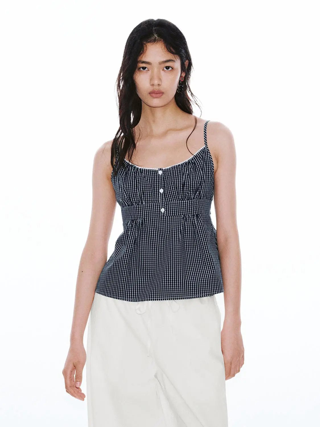 Square Neck Button Front Gingham Slim Fit Cotton Cami Top