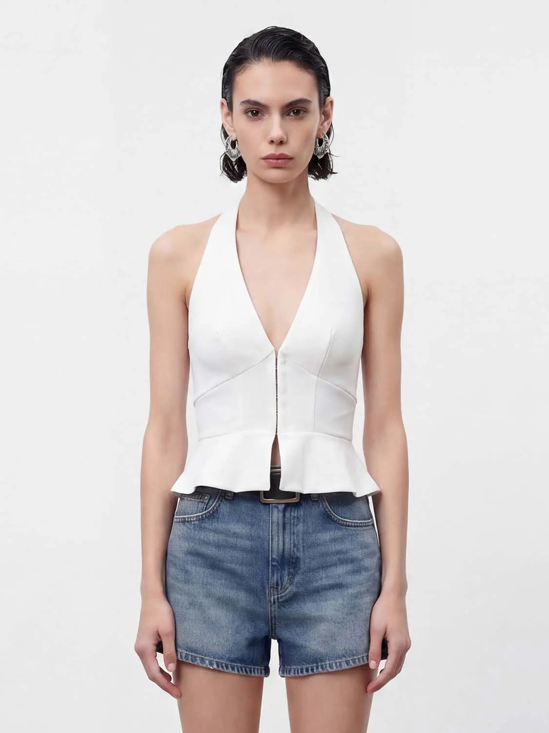 Peplum Zipper Front Fit Versatile Halter Sleeveless Shirt