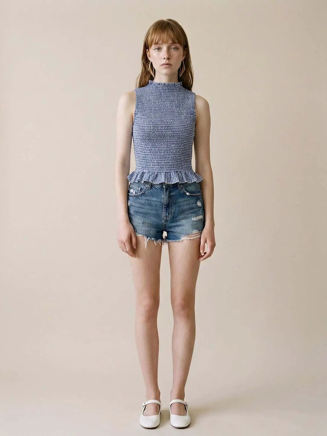 Textured Peplum Sleeveless Overhead Shirt
