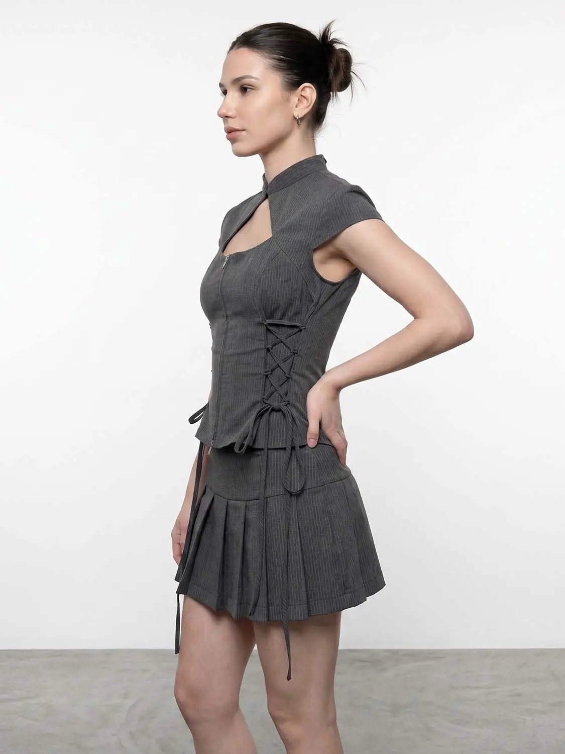 Lace-Up Cutout Chest Zipper Front Slim-Fit Shirt
