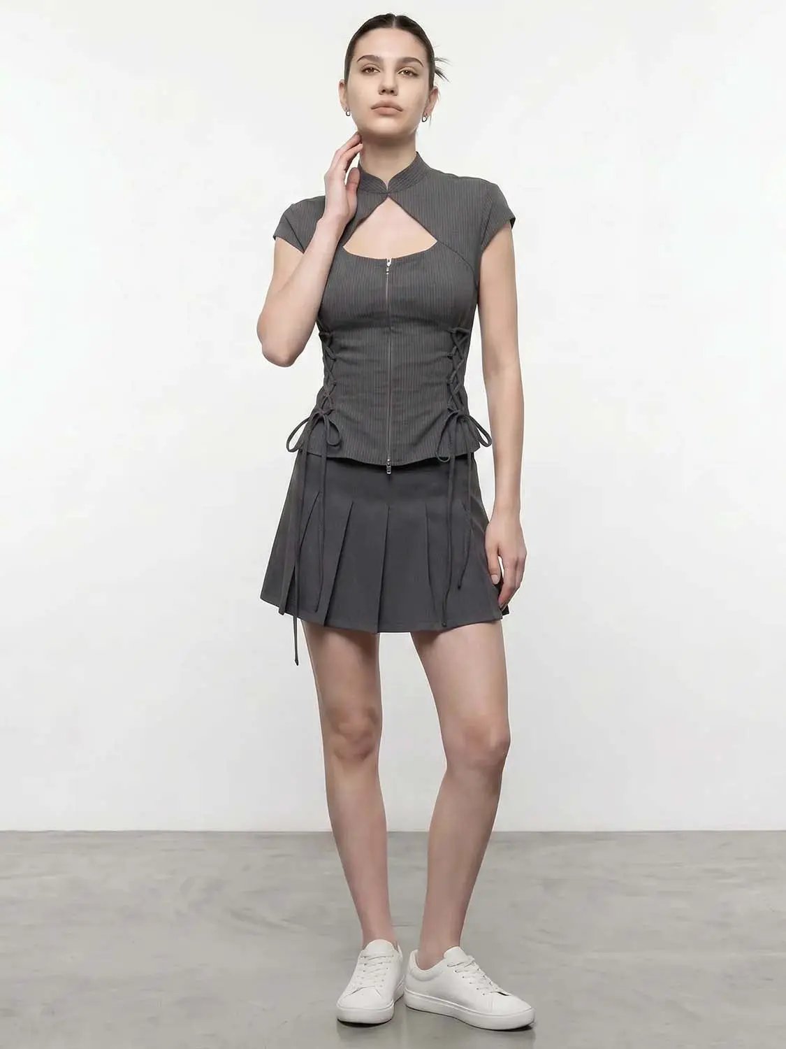 Lace-Up Cutout Chest Zipper Front Slim-Fit Shirt