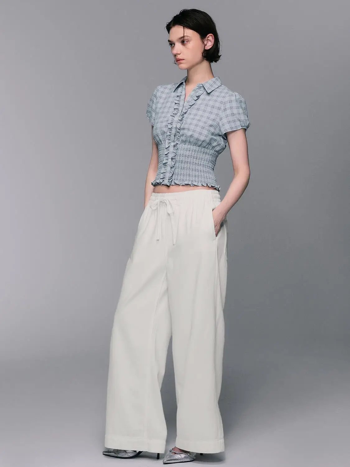 Ruffled Placket Gingham Lettuce Hem Blouse