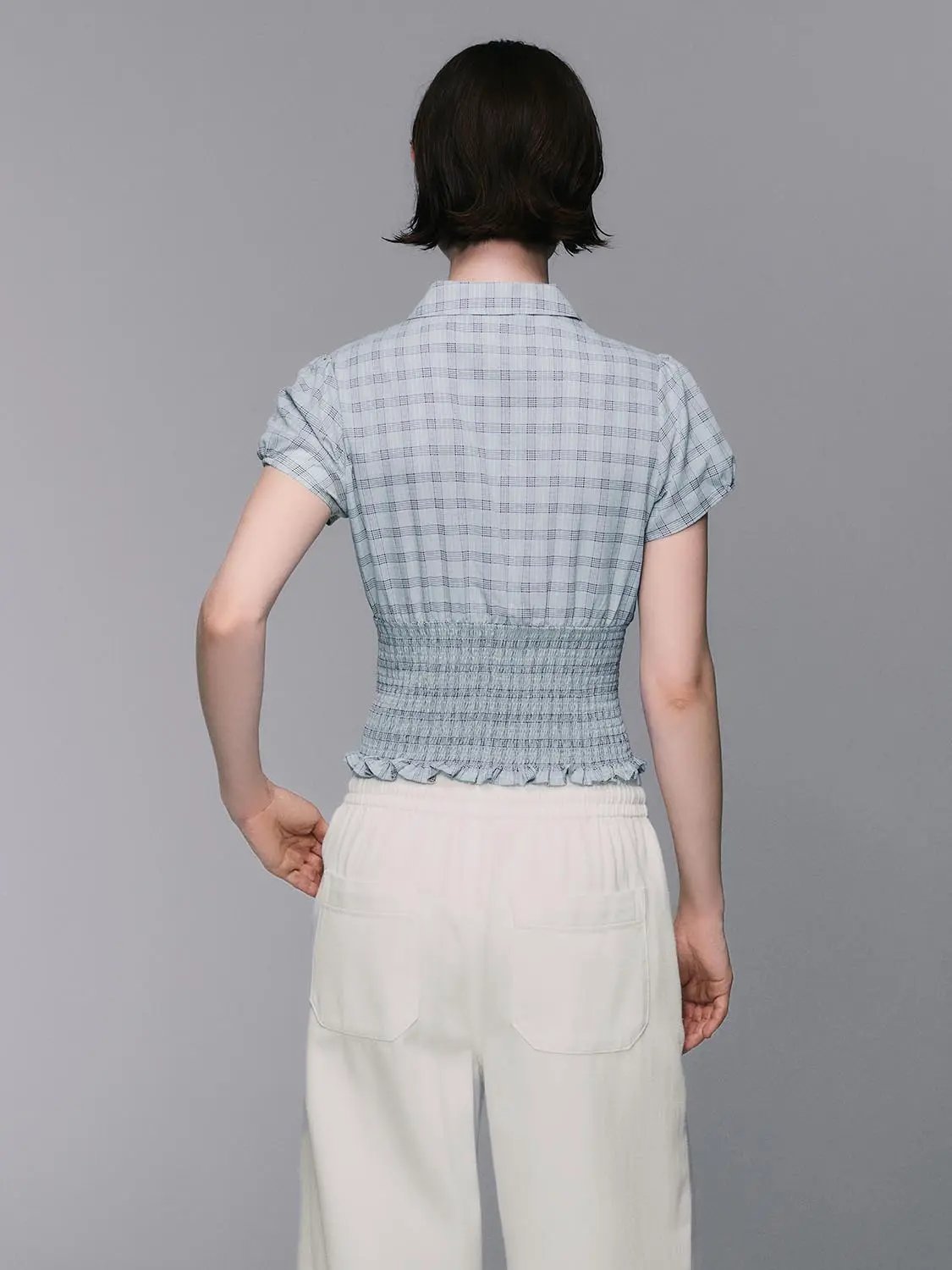 Ruffled Placket Gingham Lettuce Hem Blouse