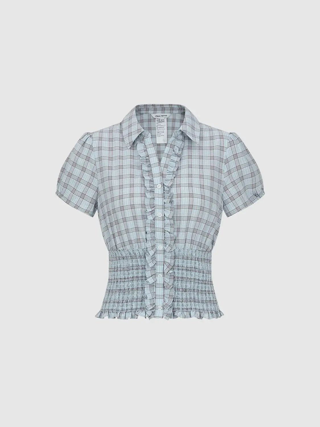 Ruffled Placket Gingham Lettuce Hem Blouse