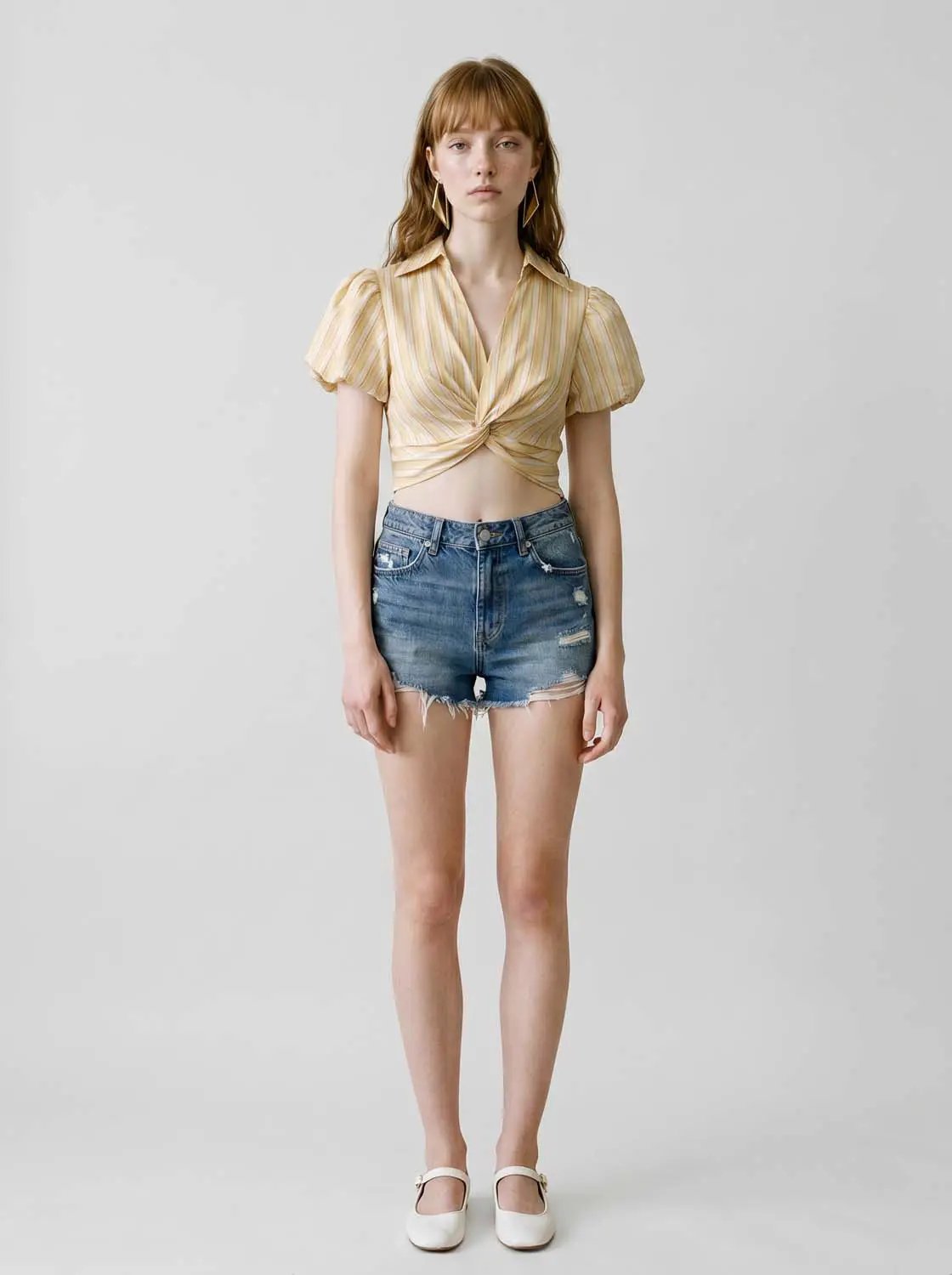 Stripe Twist Front Puff Sleeve Collared Cropped Shirt