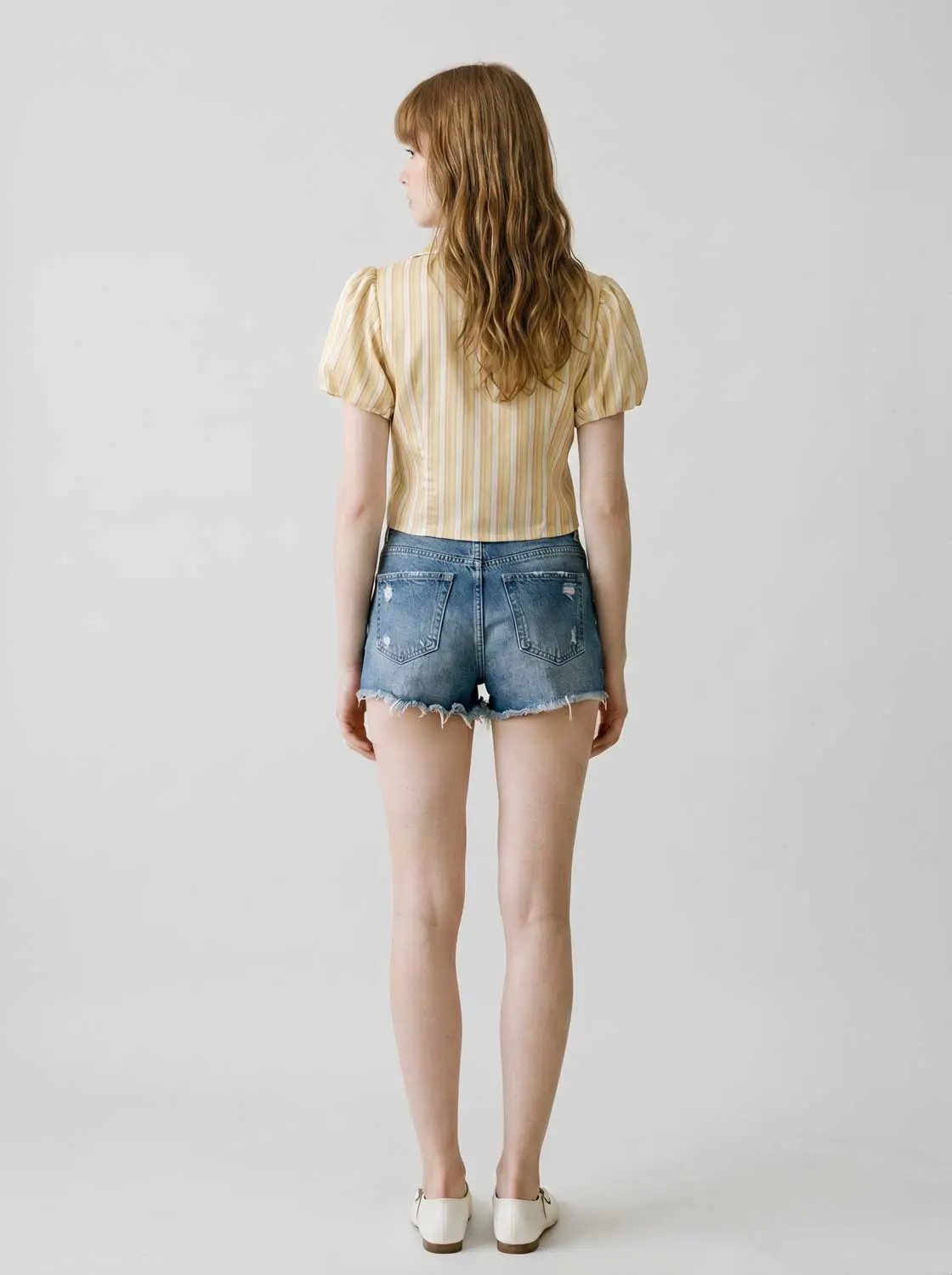 Stripe Twist Front Puff Sleeve Collared Cropped Shirt