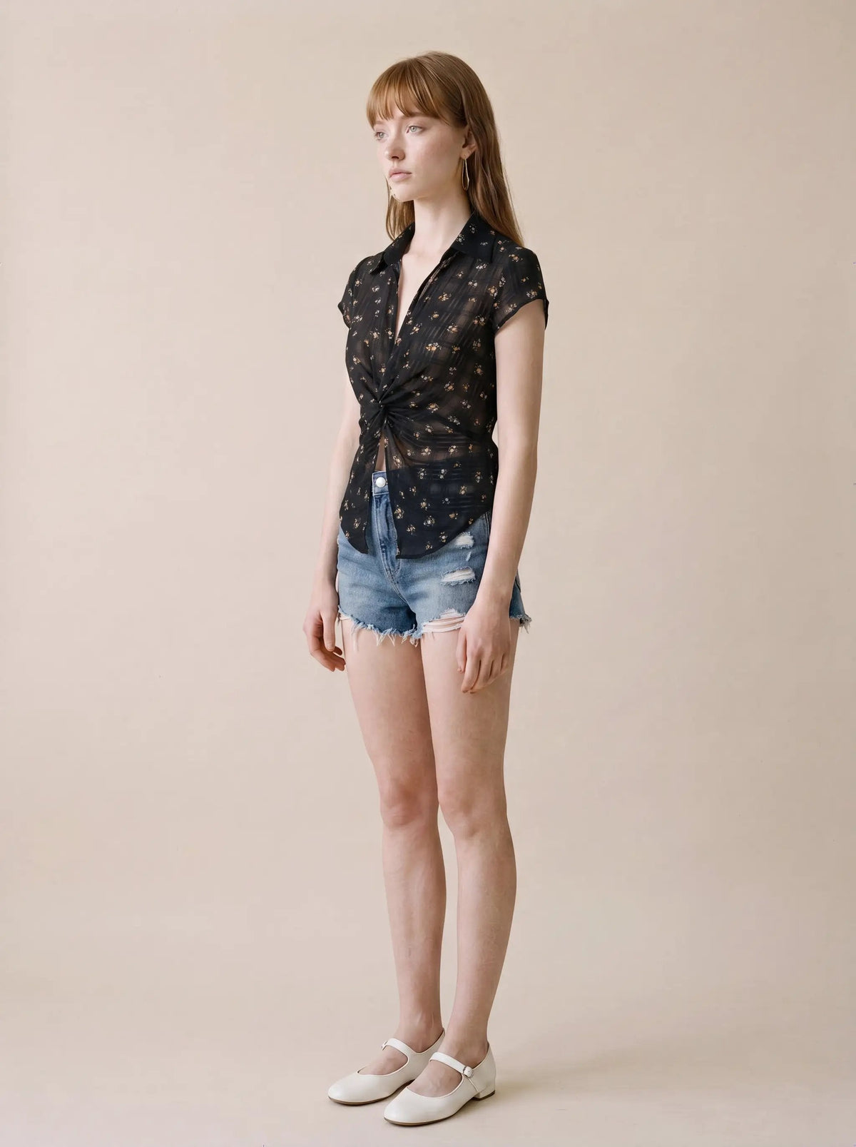 Black Twist Knot Floral Sheer Lightweight Blouse