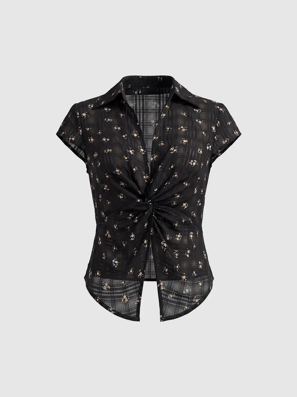Black Twist Knot Floral Sheer Lightweight Blouse