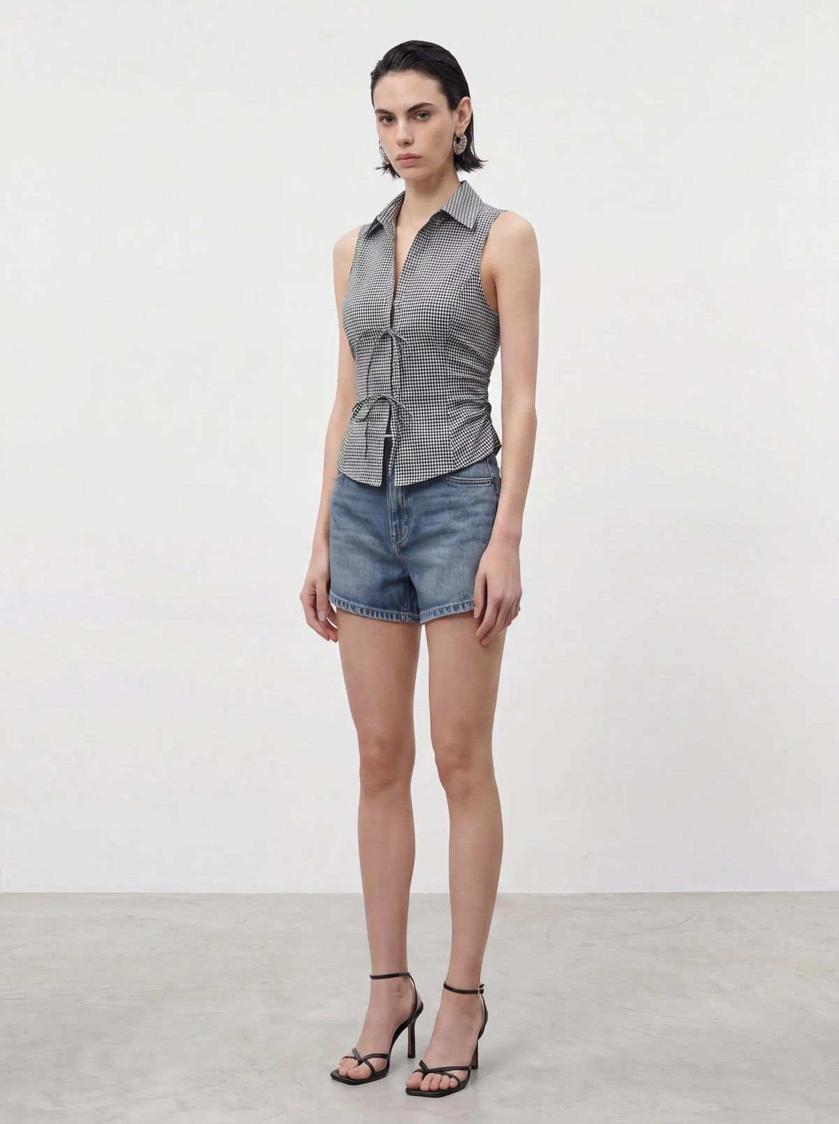 Gingham Tie Front Sleeveless Cardigan Shirt