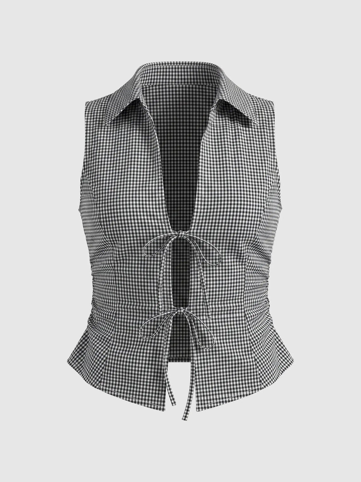 Gingham Tie Front Sleeveless Cardigan Shirt